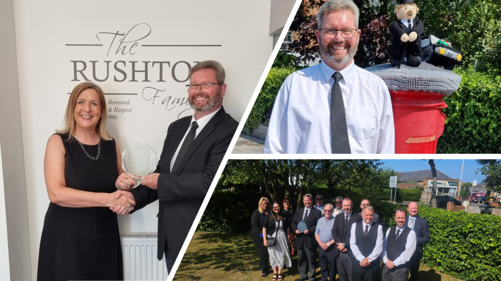Mike Rushton celebrates 40 years in the funeral profession alongside colleagues at a small gathering recognising his dedication to families and the local community